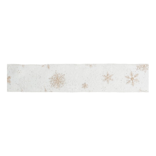 Melrose 2.5" x 10yd. White & Gold Snowflake Wired Ribbon